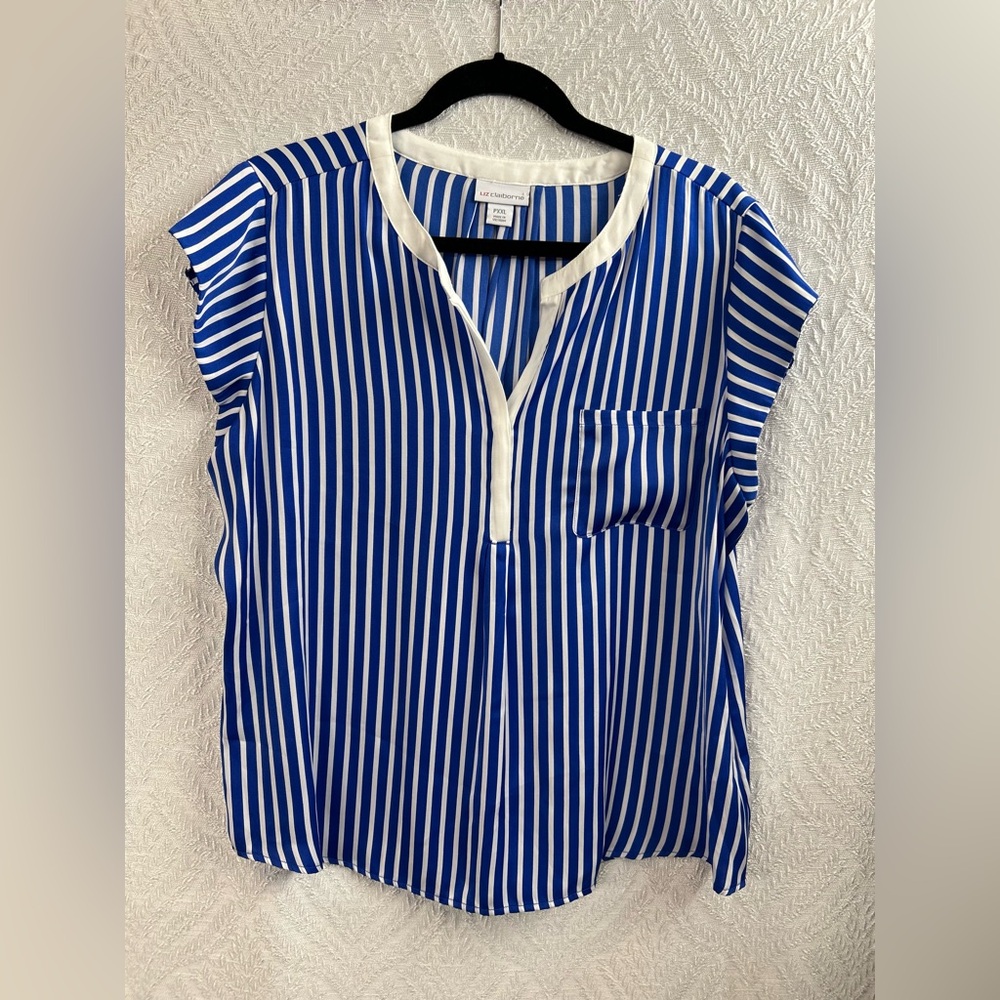 Liz Claiborne Blue White Striped Split V-Neck Blouse Top PXXL